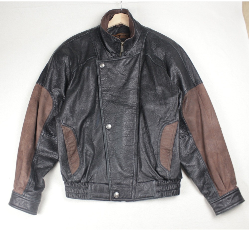 Vintage 1980s Leather Bomber Jacket Mens S Black Brown Statement Wilsons